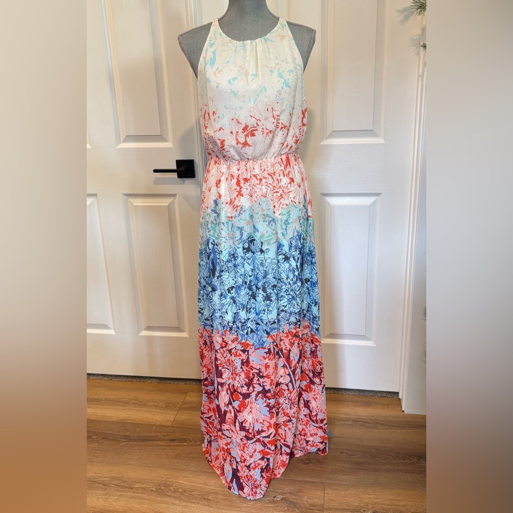 H&M Tropical Floral MAXI DRESS Keyhole Back Women’s SIZE 4 Coral Pink Blue